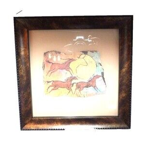Ginny Hogan Framed Wild Red Horses and Bull Shamanic Art Sante Fe Petroyglyph
